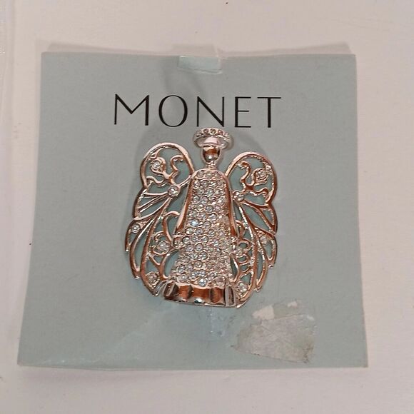 Vintage Monet Angel Brooch Rhinestone Silver Tone Pin - Picture 4 of 11